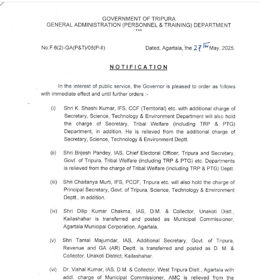 Govt reshuffled 8 officials including IAS, IFS, appointed new Unakoti ...